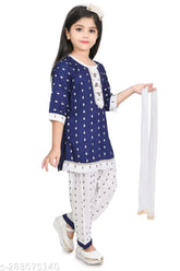 Navy blue rayon kurti patiala set for girls with printed dupatta, three-quarter sleeves. Age 3 years to 10 years. Hand wash only